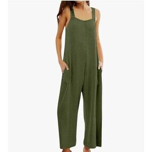 Nicole Miller Wide Leg Linen Jumpsuit Olive Green Sz 2 Overalls Pockets Jumper